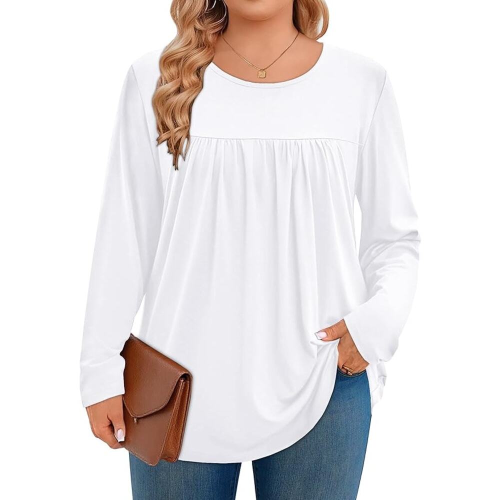 NEW JOELLYUS Plus Size XL Pleated Tunic Blouse Long Sleeve Crew Neck Top